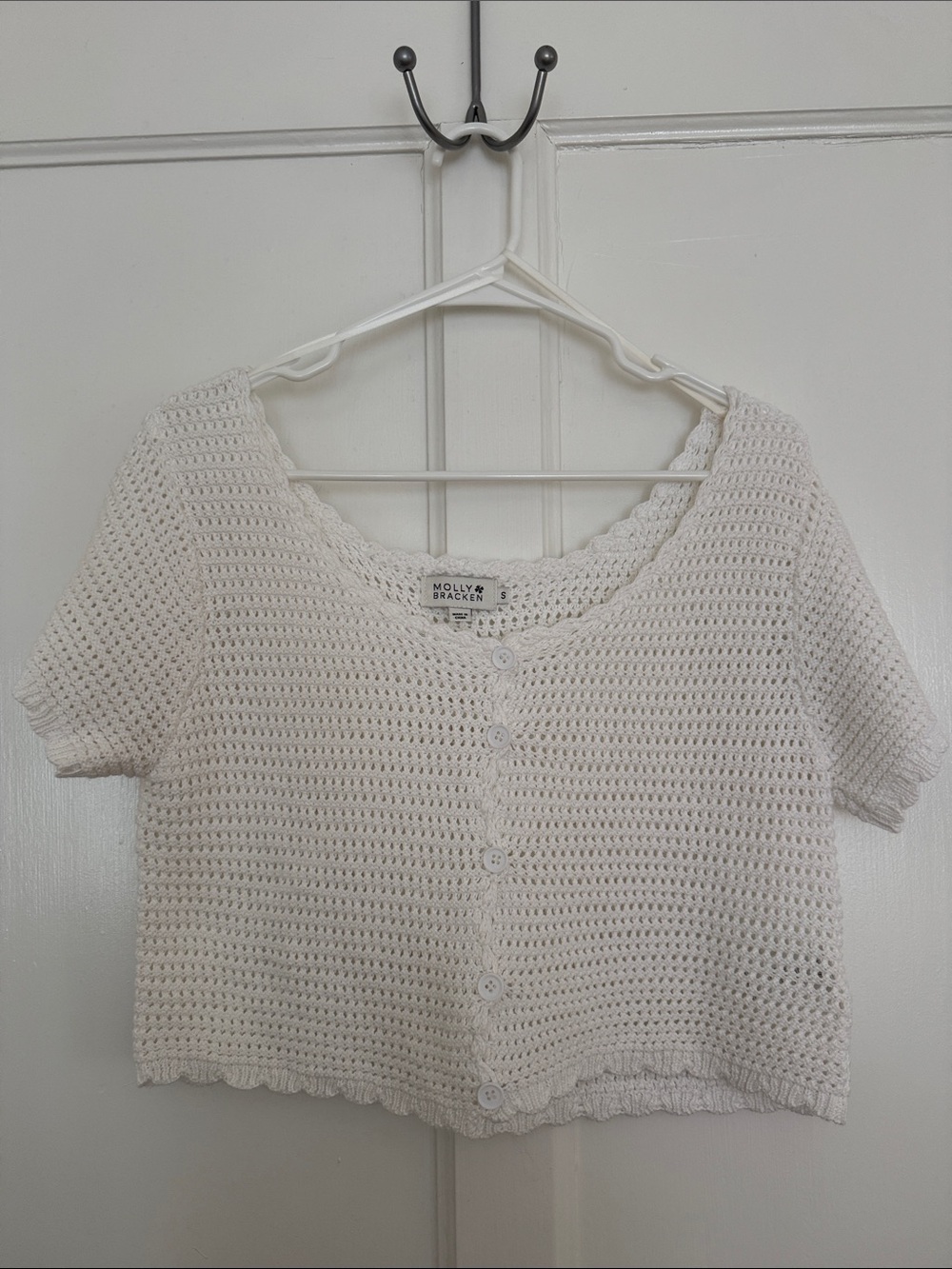 Molly Bracken Cream Crochet Button-Front Crop Top